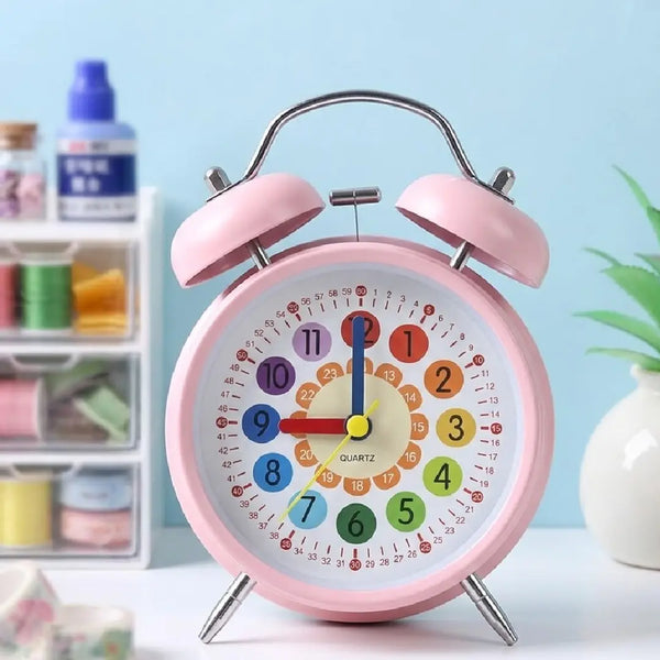 Pink Twin Bell Alarm Clock with Rainbow Face, 12/24 Hour Numbers & Minute Markers