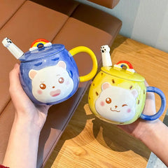 Cute 3D Cat Porcelain Mug – Kawaii Coffee Cup with Rainbow Lid & Paw Spoon