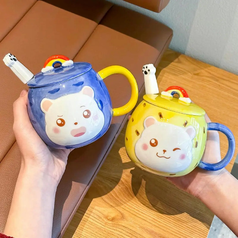 Cute 3D Cat Porcelain Mug – Kawaii Coffee Cup with Rainbow Lid & Paw Spoon