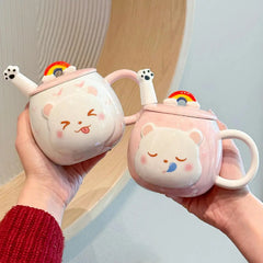 Cute 3D Cat Porcelain Mug – Kawaii Coffee Cup with Rainbow Lid & Paw Spoon