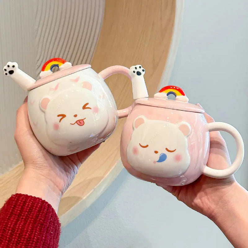 Cute 3D Cat Porcelain Mug – Kawaii Coffee Cup with Rainbow Lid & Paw Spoon