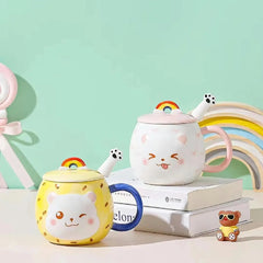 Cute 3D Cat Porcelain Mug – Kawaii Coffee Cup with Rainbow Lid & Paw Spoon