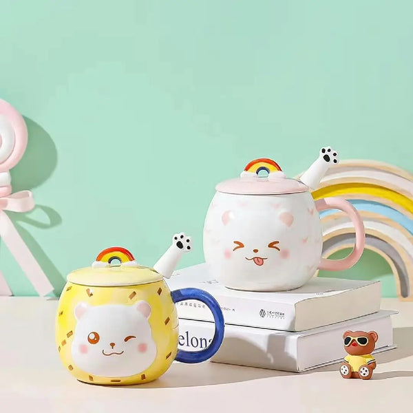 Cute 3D Cat Porcelain Mug – Kawaii Coffee Cup with Rainbow Lid & Paw Spoon