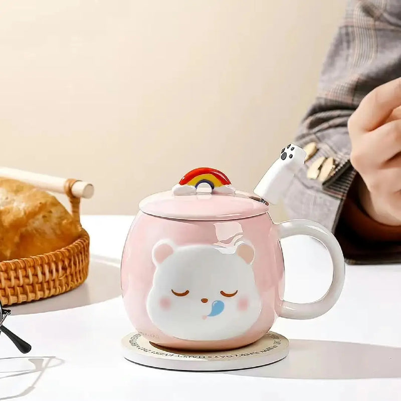 Cute 3D Cat Porcelain Mug – Kawaii Coffee Cup with Rainbow Lid & Paw Spoon