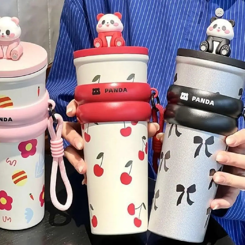 Adorable 3D Panda 700ml Leakproof Stainless Steel Bottle with Strap