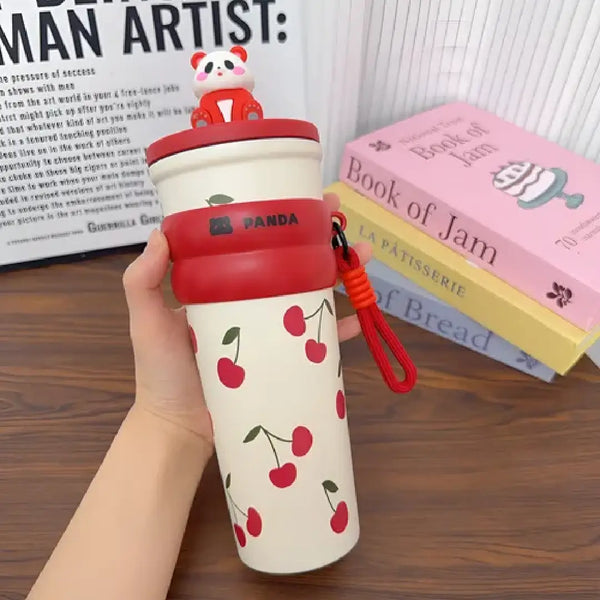 Adorable 3D Panda 700ml Leakproof Stainless Steel Bottle with Strap