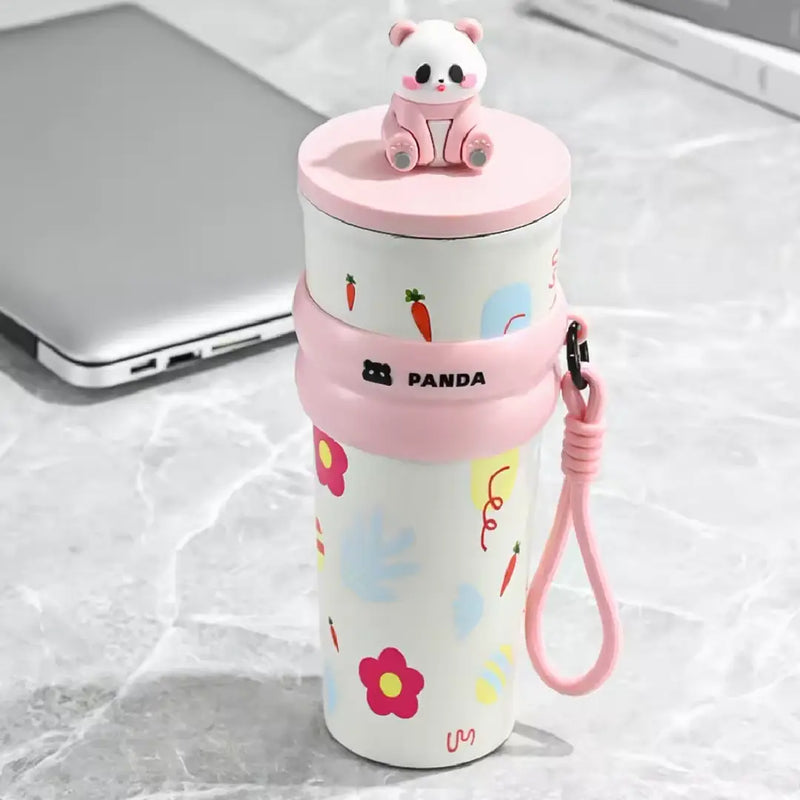Adorable 3D Panda 700ml Leakproof Stainless Steel Bottle with Strap