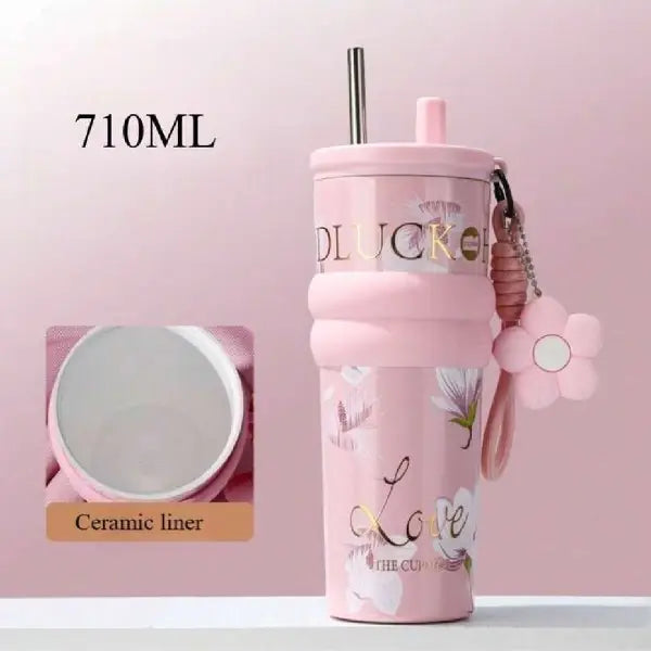 Pink Floral Stainless Steel Tumbler – Leakproof Design