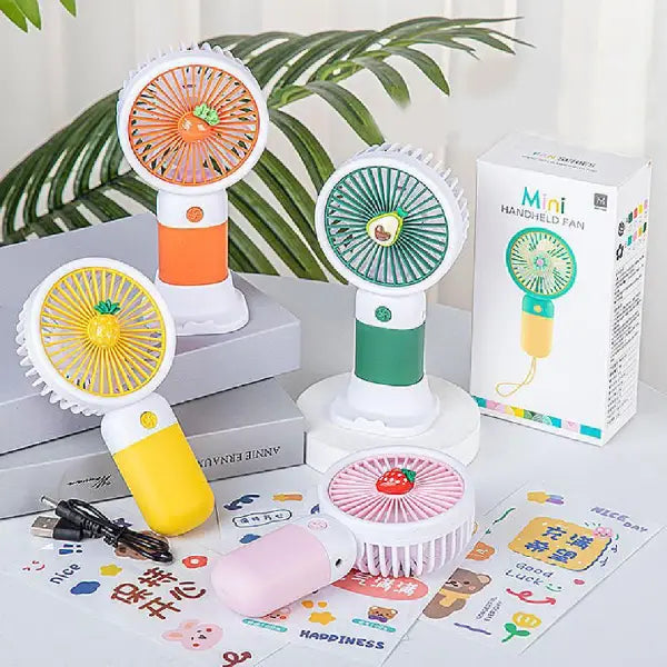Fruit-Themed Rechargeable Mini Fan – 2-in-1 Handheld and Desk Fan