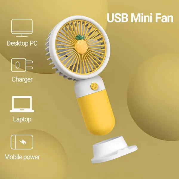 Fruit-Themed Rechargeable Mini Fan – 2-in-1 Handheld and Desk Fan