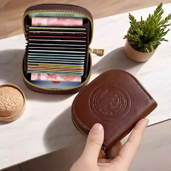Hello Kitty Embossed Leather Card Holder - Multi-Slot Accordion Zipper Wallet