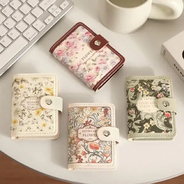 Vintage Floral Multi-Slot Card Holder with Secure Snap Button Closure