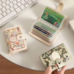 Vintage Floral Multi-Slot Card Holder with Secure Snap Button Closure