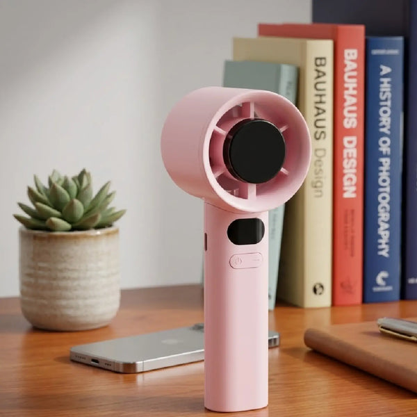 Turbo Power Handheld Fan with LED Display & Adjustable Speed-Pink