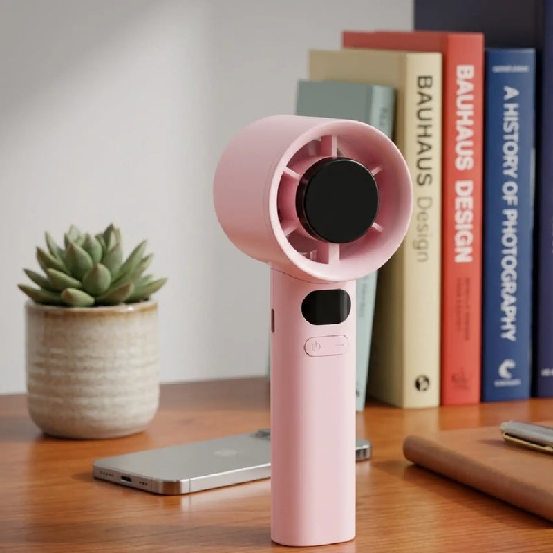 Turbo Power Handheld Fan with LED Display & Adjustable Speed-Pink