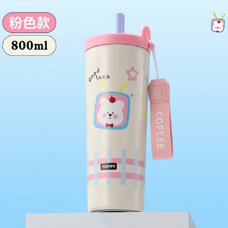 Cartoon Straw Steel Double-Wall Tumblers Straws Hand Strap 800ml