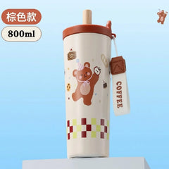 Cartoon Straw Steel Double-Wall Tumblers Straws Hand Strap 800ml