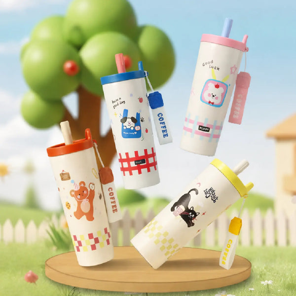 Cartoon Straw Steel Double-Wall Tumblers Straws Hand Strap 800ml