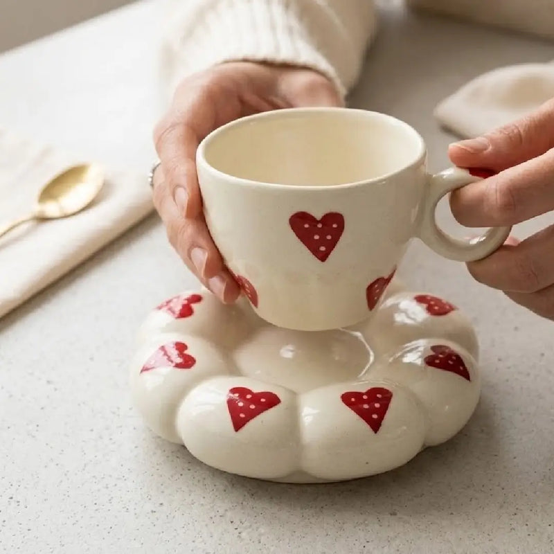 Heart Design Ceramic Cup With Saucer - Handmade