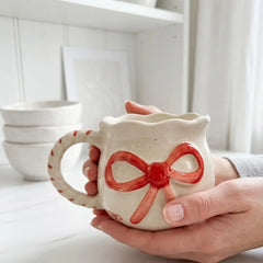 Red Bow Bliss Ceramic Mug - Handmade