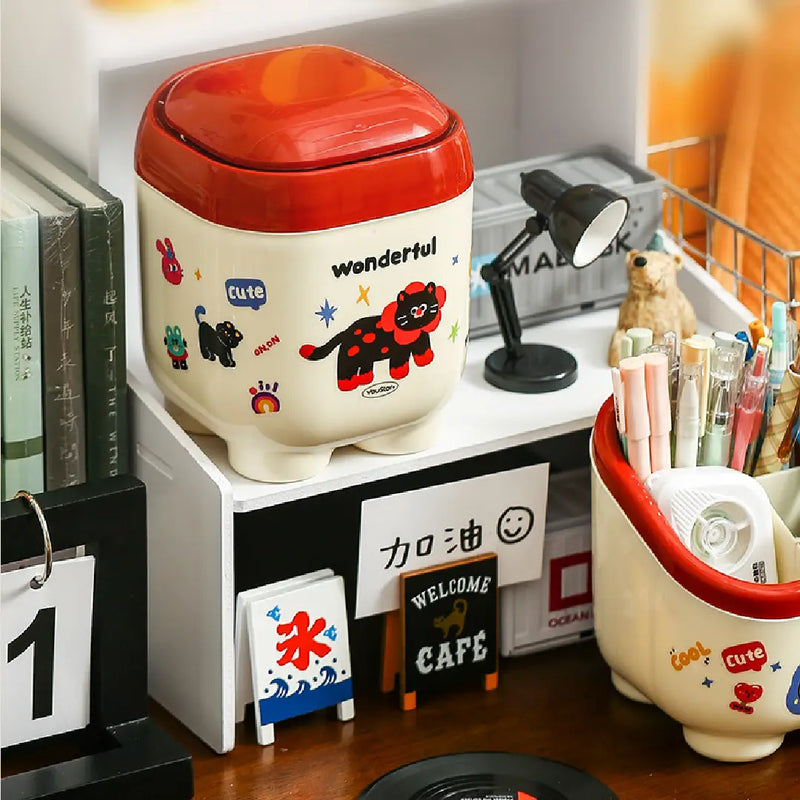 Kawaii Desk Trash Can with One-Touch Lid Cute Decor