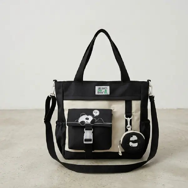 Multi-Pocket Panda Tote Bag with Matching Charm & Coin Pouch