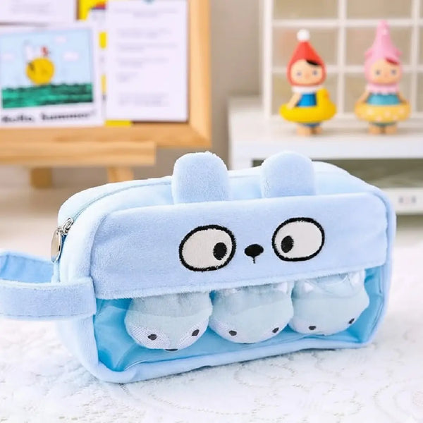 Plush Cute Blue Large Capacity Pouch Soft Zipper Storage Organizer Bag