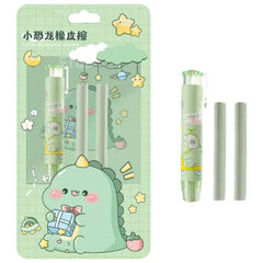 Cute Dinosaur Retractable Eraser Set - 1 Pen-Style Eraser Case and 2 Refills