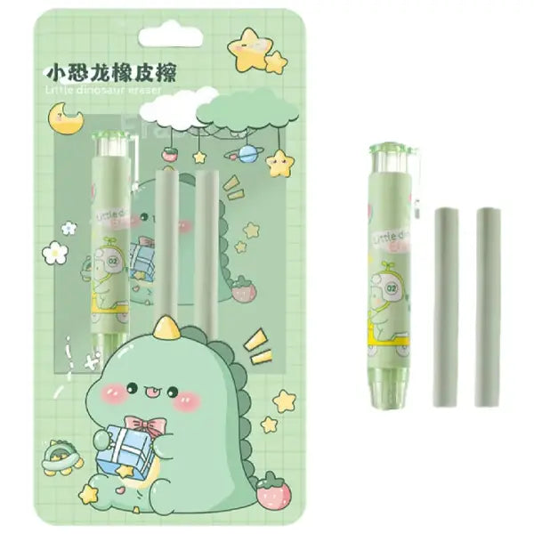 Cute Dinosaur Retractable Eraser Set - 1 Pen-Style Eraser Case and 2 Refills