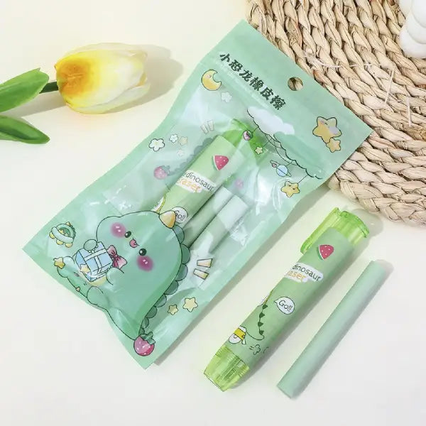 Cute Dinosaur Retractable Eraser Set - 1 Pen-Style Eraser Case and 2 Refills