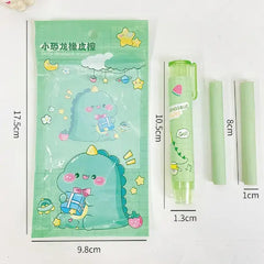 Cute Dinosaur Retractable Eraser Set - 1 Pen-Style Eraser Case and 2 Refills