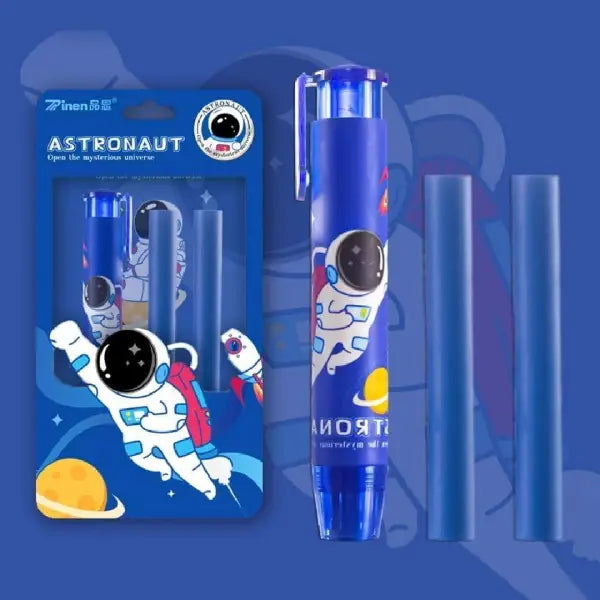 Cute Astronaut Retractable Pen Eraser Set - 1 Click Eraser Pen and 2 Blue Refills