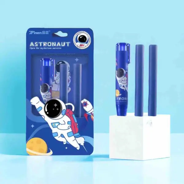 Cute Astronaut Retractable Pen Eraser Set - 1 Click Eraser Pen and 2 Blue Refills