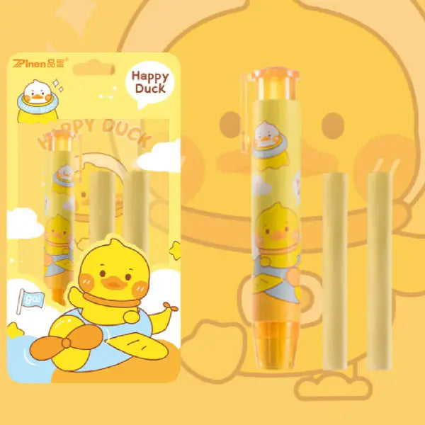 Cute Happy Duck Retractable Eraser Set-1 Pen-Style Eraser Case and 2 Refills
