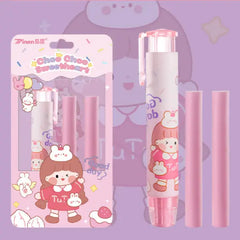 Cute Sweetheart Retractable Eraser Set - 1 Pen-Style Eraser Case and 2 Refills