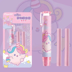 Kawaii Unicorn Retractable Pen Eraser Set - 1 Pen-Style Eraser Case and 2 Refills