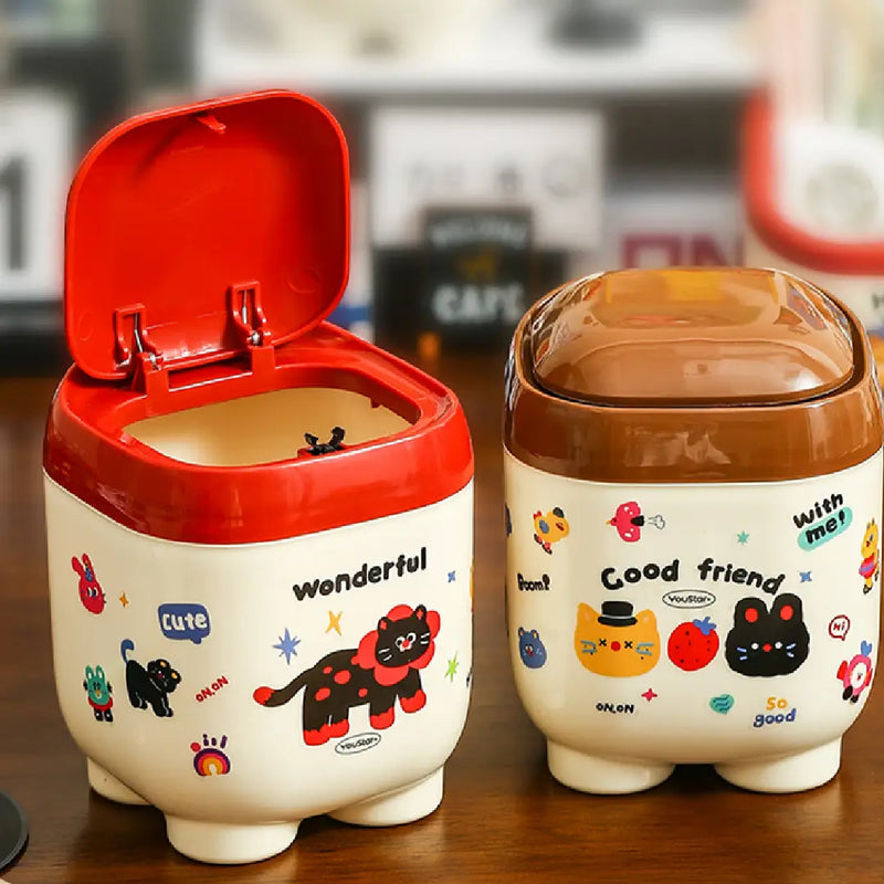 Kawaii Desk Trash Can with One-Touch Lid Cute Decor