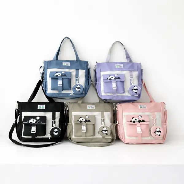 Multi-Pocket Panda Tote Bag with Matching Charm & Coin Pouch