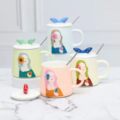 Aesthetic Floral Girl Ceramic Mug with Butterfly Lid