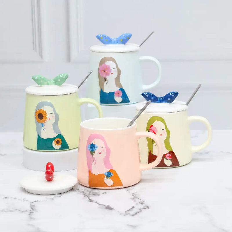 Aesthetic Floral Girl Ceramic Mug with Butterfly Lid