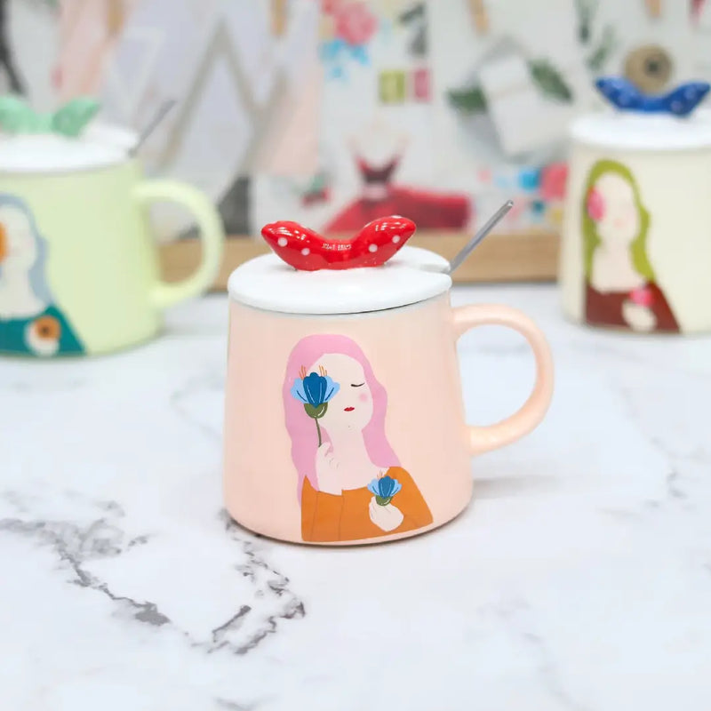 Aesthetic Floral Girl Ceramic Mug with Butterfly Lid