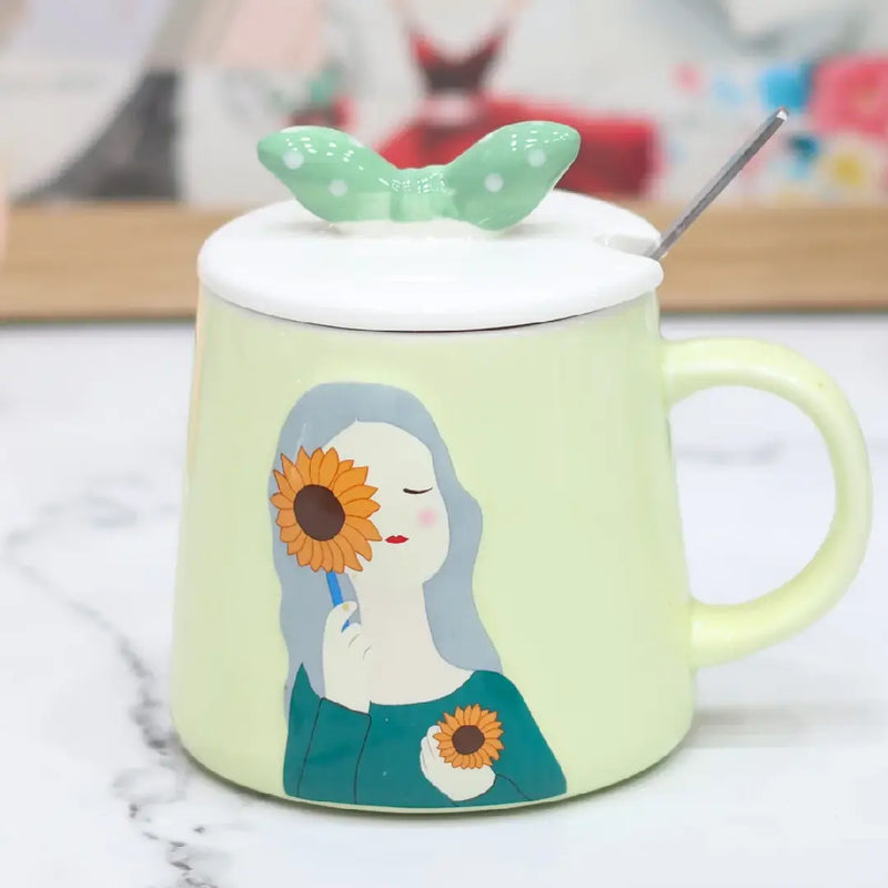 Aesthetic Floral Girl Ceramic Mug with Butterfly Lid