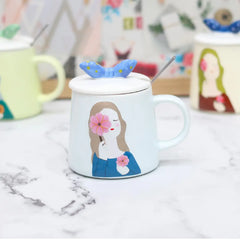 Aesthetic Floral Girl Ceramic Mug with Butterfly Lid