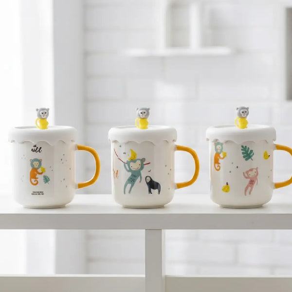 Monkey Print Ceramic Mug with Fun Lid Topper – Coffee & Tea Cup, Perfect Gift