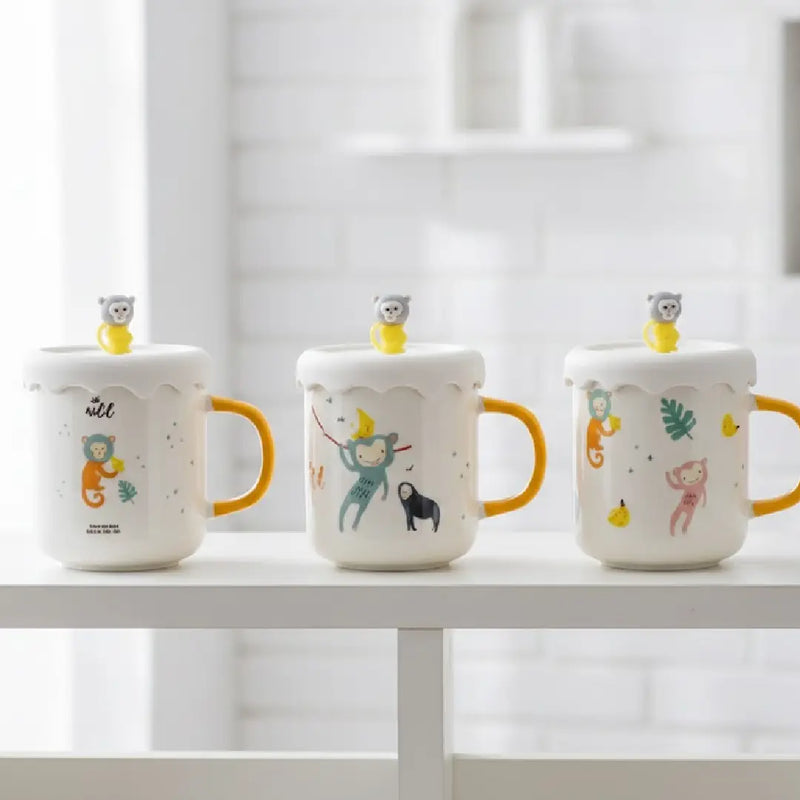 Monkey Print Ceramic Mug with Fun Lid Topper – Coffee & Tea Cup, Perfect Gift