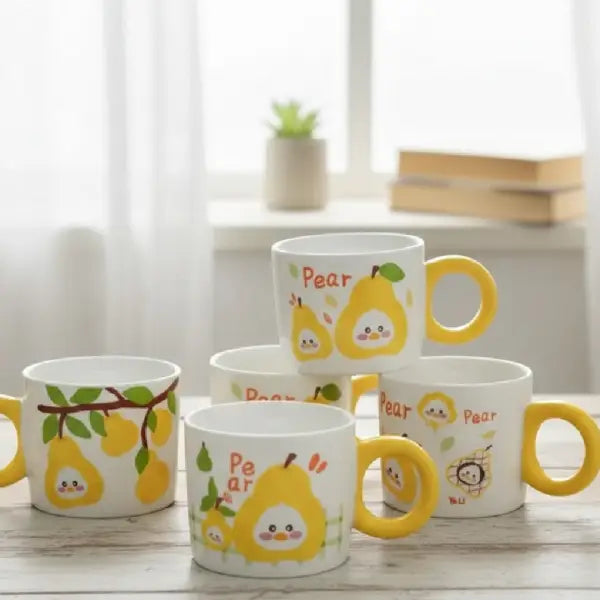 Kawaii Pear Ceramic Coffee Mug - Decorative Ceramic Fruit Cup with Sunshine Handle
