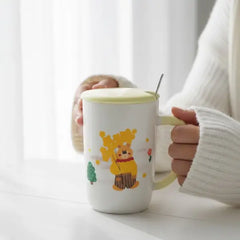 Cute Bear Ceramic Coffee Mug with Lid and Spoon Set