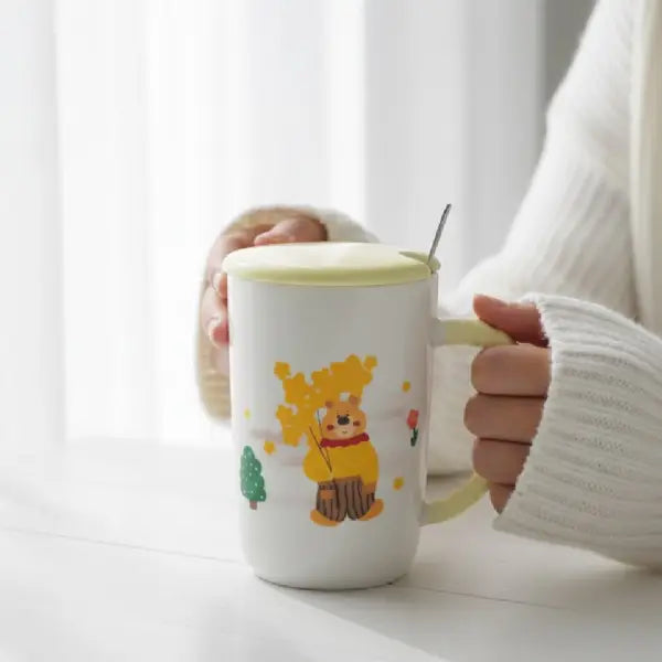 Cute Bear Ceramic Coffee Mug with Lid and Spoon Set