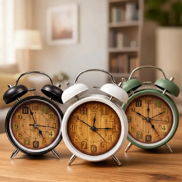 Rustic Wood-Grain Twin Bell Alarm Clock Vintage Desk Decor