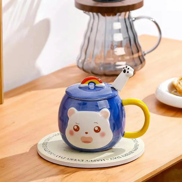 Cute 3D Cat Porcelain Mug – Kawaii Coffee Cup with Rainbow Lid & Paw Spoon